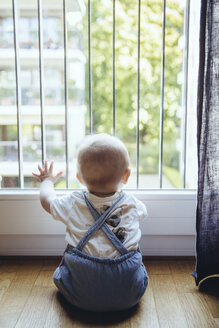 Rückenansicht eines kleinen Jungen, der durch ein Fenster schaut - MFF03638