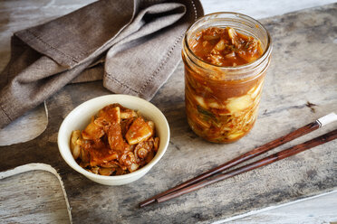Fresh house made kimchi with chopsticks - EVGF03225