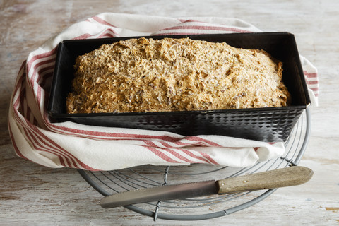 Home.baked spelt bread with flax and sesame stock photo