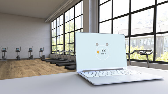 Heart rate on laptop in loft with exercise equipment, 3d rendering - UWF01225