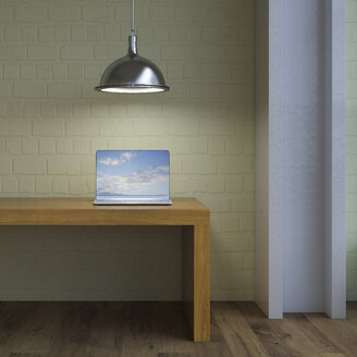 Laptop on table under lamp, 3d rendering - UWF01227