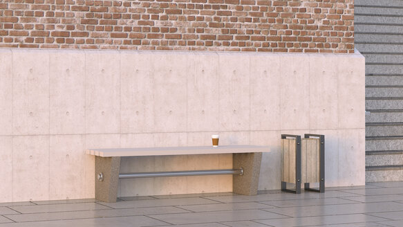 Takeaway coffee on bench next to waste bin, 3d rendering - UWF01229