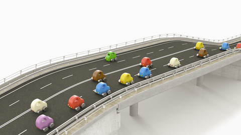 Spielzeugautos auf der Autobahn, 3d-Rendering, lizenzfreies Stockfoto