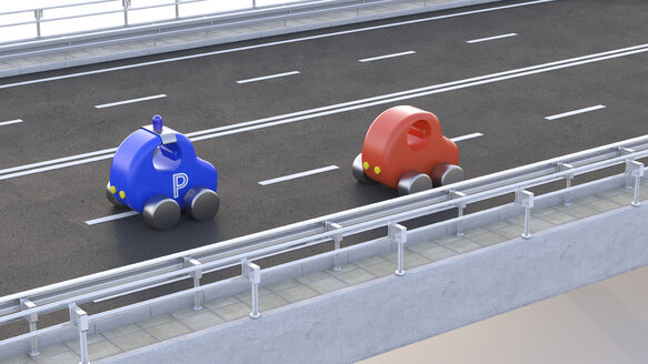 Toy police car stopping car on motorway, 3d rendering - UWF01234