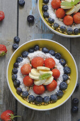 Bowl of spelt pops with blueberries, strawberries, bananas and coconut flakes - ODF01527