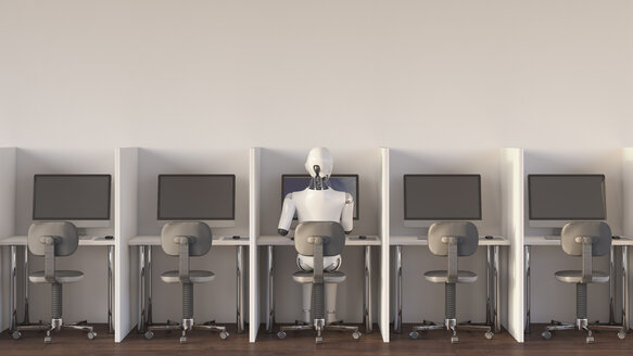 Robot sitting in office, working alone - AHUF00364