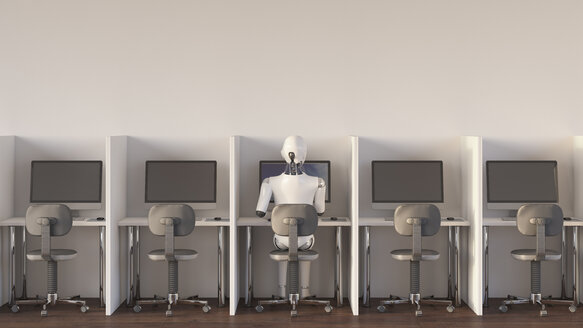 Roboter sitzt im Büro und arbeitet allein - AHUF00364