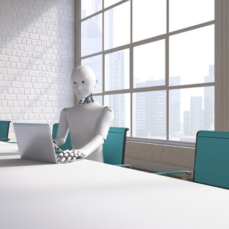 Roboter, der am Konferenztisch sitzt und einen Laptop benutzt - AHUF00371