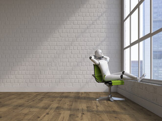 Robot sitting on swivel chair, looking out of window - AHUF00372