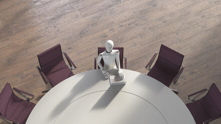 Robot sitting sitting at conference table, using laptop - AHUF00373