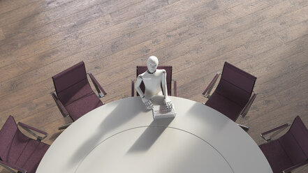 Roboter, der am Konferenztisch sitzt und einen Laptop benutzt - AHUF00373