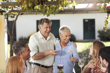 Happy senior couple with family having lunch together outside - ZEF13973