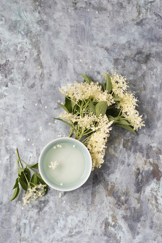 Tasse mit Holunderblütentee und Holunderblüten, lizenzfreies Stockfoto