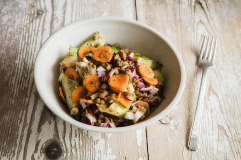 Linsensalat mit Karotte, Gurke und rotem Rettich, lizenzfreies Stockfoto