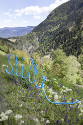 Italien, Trentino-Südtirol, St. Pankraz, Wort Stille in alpiner Landschaft - PSTF00034