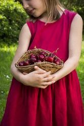 Little girl wearing red summer dress holding basket of cherries, partial view - LVF06178