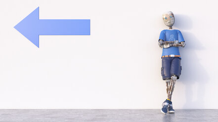 Robot leaning against a wall with arrow, 3d rendering - AHUF00383