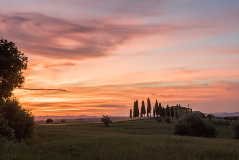 Italy, Tuscany, Val d'Orcia, Pienza, farmhouse at sunset - LOMF00594