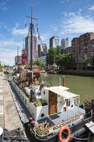 Niederlande, Rotterdam, Hausboot zu mieten im Museumshafen, lizenzfreies Stockfoto