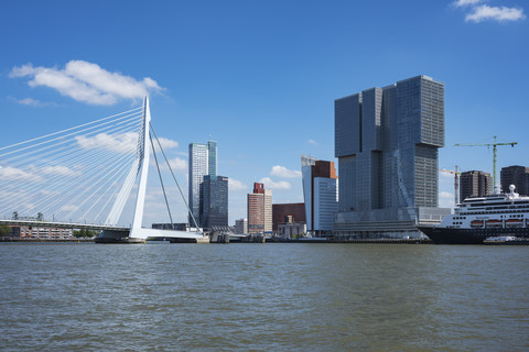 Netherlands, Rotterdam, Meuse river with Pier Wilhelminakade and Erasmusbrug stock photo