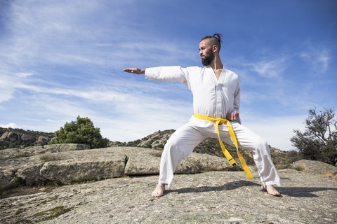 Mann macht Kampfsport-Posen auf einem Felsen, lizenzfreies Stockfoto