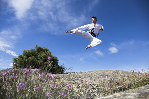 Mann macht einen Sprungkick während eines Kampfsporttrainings, lizenzfreies Stockfoto