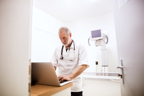 Leitender Tierarzt benutzt Laptop in der Klinik, lizenzfreies Stockfoto