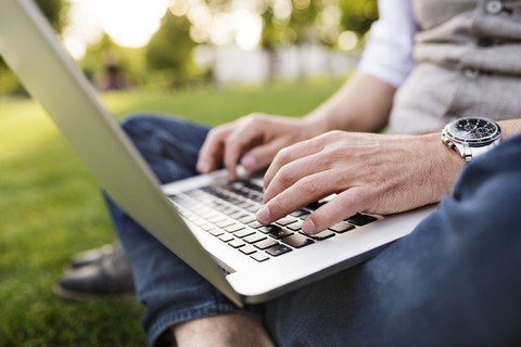 Unbekannter Geschäftsmann mit Laptop im Stadtpark auf dem Rasen sitzend, lizenzfreies Stockfoto