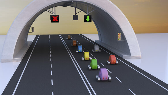 3D Rendering, Autos folgen grünem Pfeil unter Tunnel - UWF01244