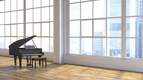 Grand piano in concert hall stock photo