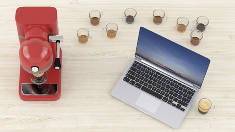 3D Rendering, Laptop auf Schreibtisch mit vielen leeren Kaffeetassen und Espressomaschine, lizenzfreies Stockfoto