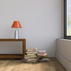 Vintage sideboard with table lamp and stack of books - UWF01256