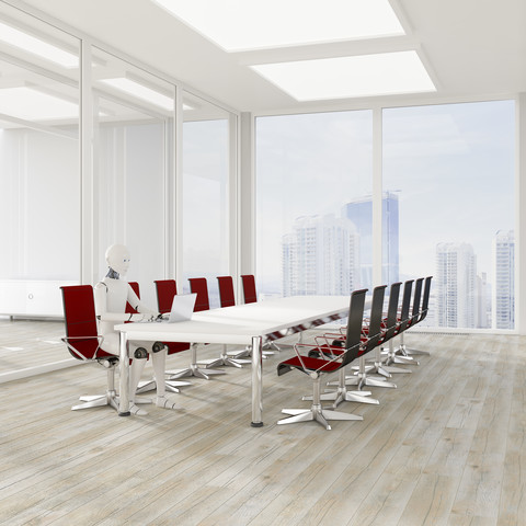 Robot using laptop in conference room, 3d rendering stock photo