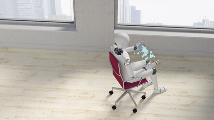 Robot sitting on office chair using futuristic tablet, 3d rendering - AHUF00398