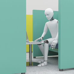 Roboter mit Laptop in Bürozelle, 3d Rendering - AHUF00400