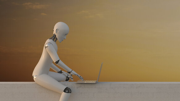 Roboter an der Wand sitzend mit Laptop, 3d-Rendering - AHUF00401