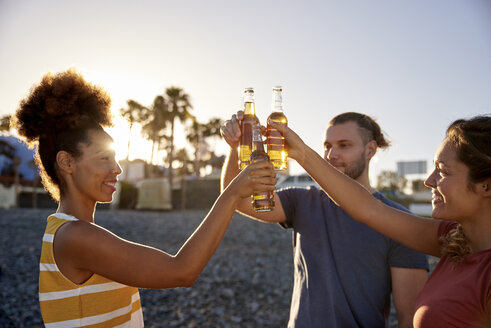 Drei Freunde stoßen mit Bierflaschen am Strand an - PACF00030