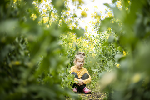 Ernstes Mädchen sitzt im Rapsfeld, lizenzfreies Stockfoto