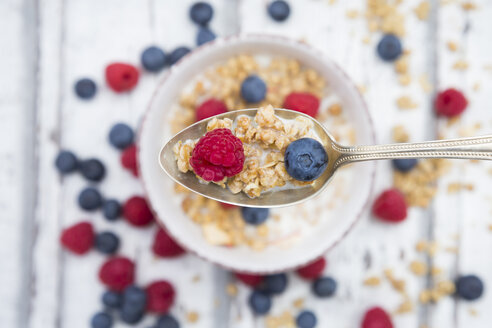 Löffel Müsli mit Himbeere und Heidelbeere, Nahaufnahme - LVF06204