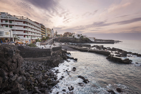 Spain, Canary Islands, Tenerife, Puerto de la Cruz at sunset stock photo