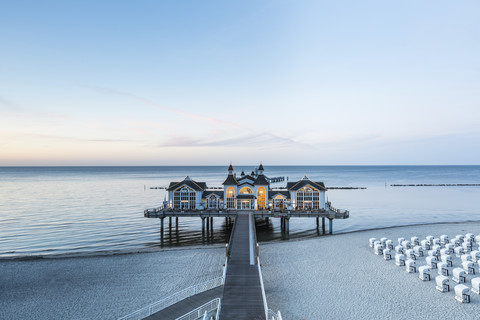 Germany, Ruegen, Sellin, view to sea bridge at twilight stock photo