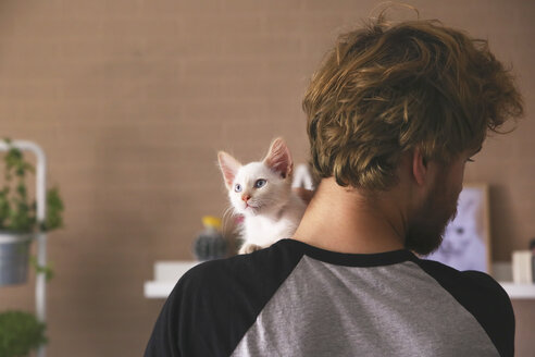 Back view of man with kitten on his shoulder - RTBF00974