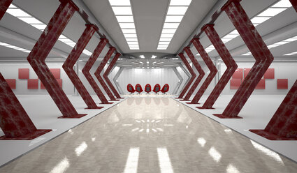 Futuristischer Raum mit fünf roten Drehsesseln, 3D Rendering - ALF00723