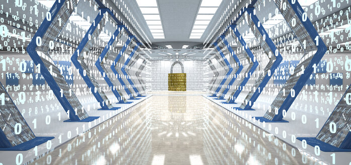 Futuristic digital room with padlock and binary code, 3d illustration - ALF00724