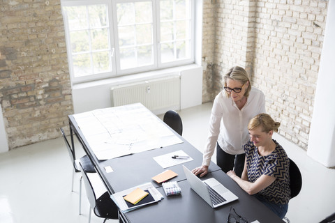 Mature businesswoman working with younger colleague in office stock photo