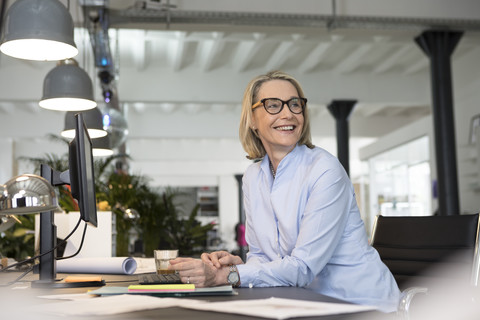 Mature businesswoman working in office, smiling stock photo