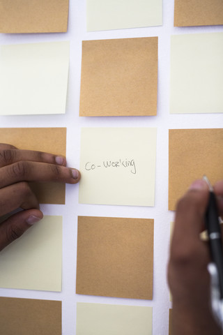 Writing on adhesive note at wall in office stock photo