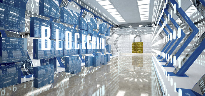 Digitaler Raum mit Vorhängeschloss und Wort Blockchain, 3d Illustration - ALF00727