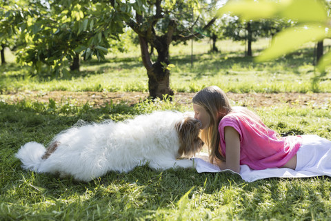 Mädchen liegend mit Hund auf Wiese, lizenzfreies Stockfoto