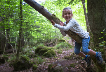 Porträt eines kleinen Mädchens, das auf einen Baum im Wald klettert - DIKF00261